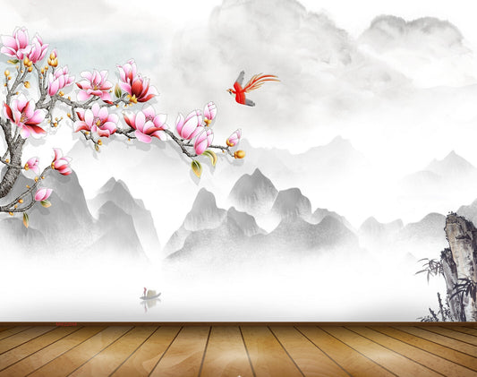 Avikalp MWZ2048 Pink Flowers Birds Clouds 3D HD Wallpaper