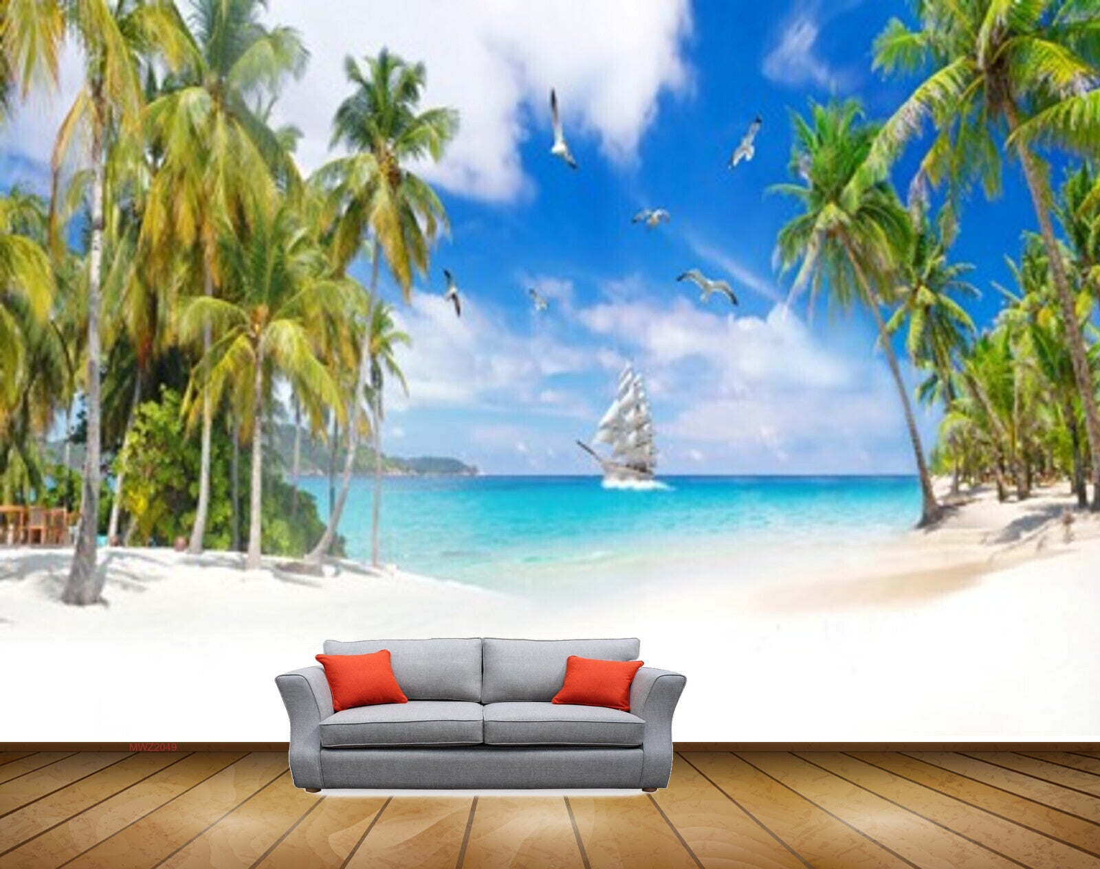 Avikalp MWZ2049 Coconut Trees Boat Birds Sea Ocean Water Beach HD Wallpaper