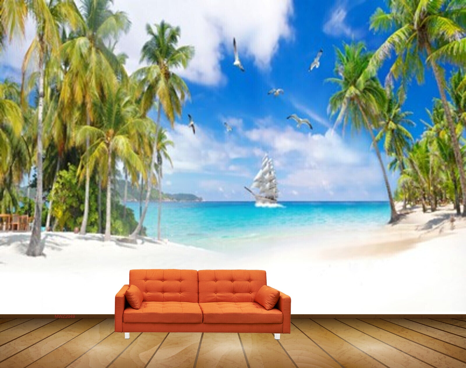 Avikalp MWZ2049 Coconut Trees Boat Birds Sea Ocean Water Beach HD Wallpaper