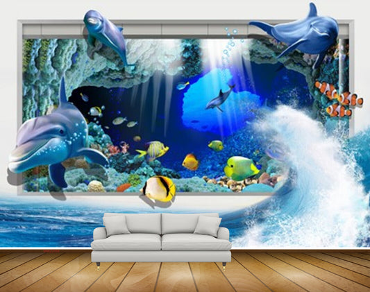 Avikalp MWZ2055 Dolphins Fishes Sea Stones Aquarium Water Ocean Splash Marine HD Wallpaper