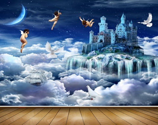 Avikalp MWZ2056 Moon Clouds Building Birds Boat Fairy Fantasy HD Wallpaper