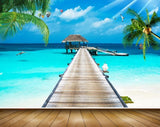 Avikalp MWZ2061 Beach Wooden Bridge Hut birds Parachute Trees Ocean Sea HD Wallpaper