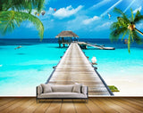 Avikalp MWZ2061 Beach Wooden Bridge Hut birds Parachute Trees Ocean Sea HD Wallpaper