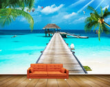 Avikalp MWZ2061 Beach Wooden Bridge Hut birds Parachute Trees Ocean Sea HD Wallpaper