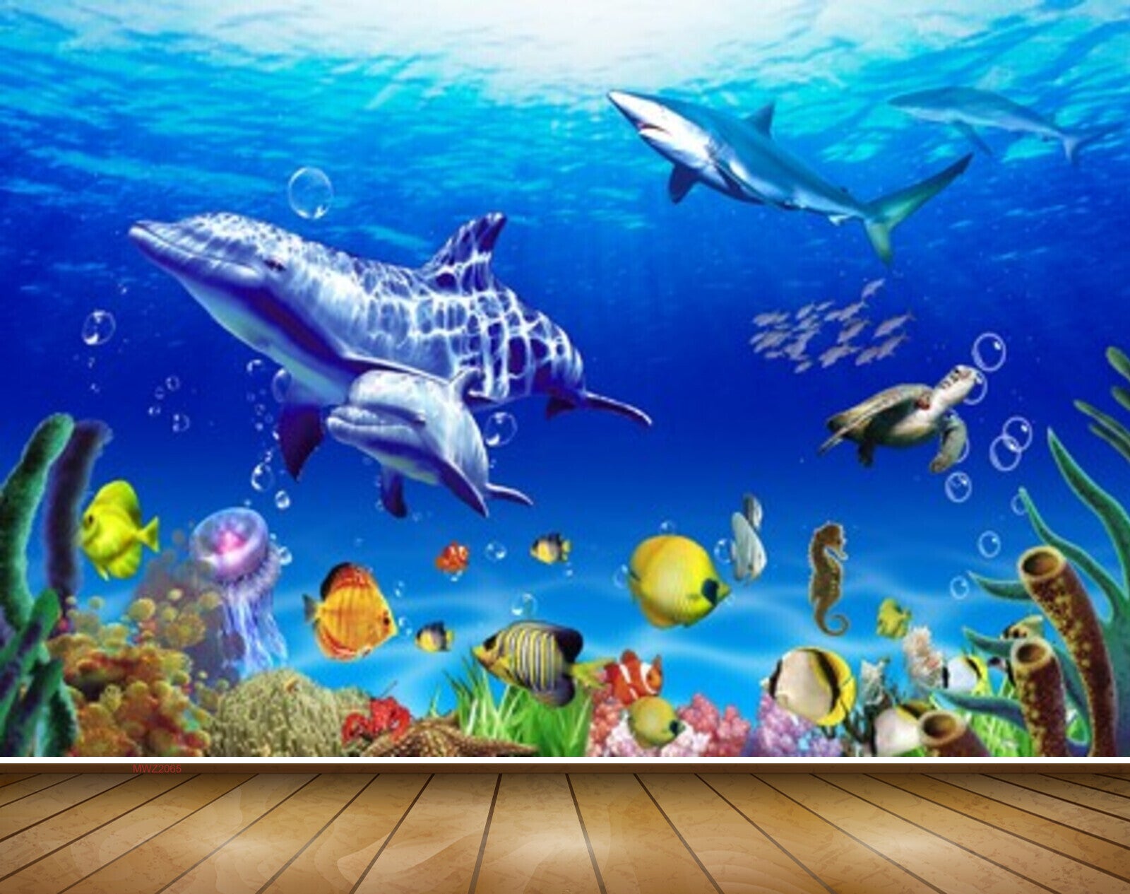 Avikalp MWZ2065 Dolphins Fishes Turtle Plants Sea Water Underwater Ocean Marine Coral HD Wallpaper