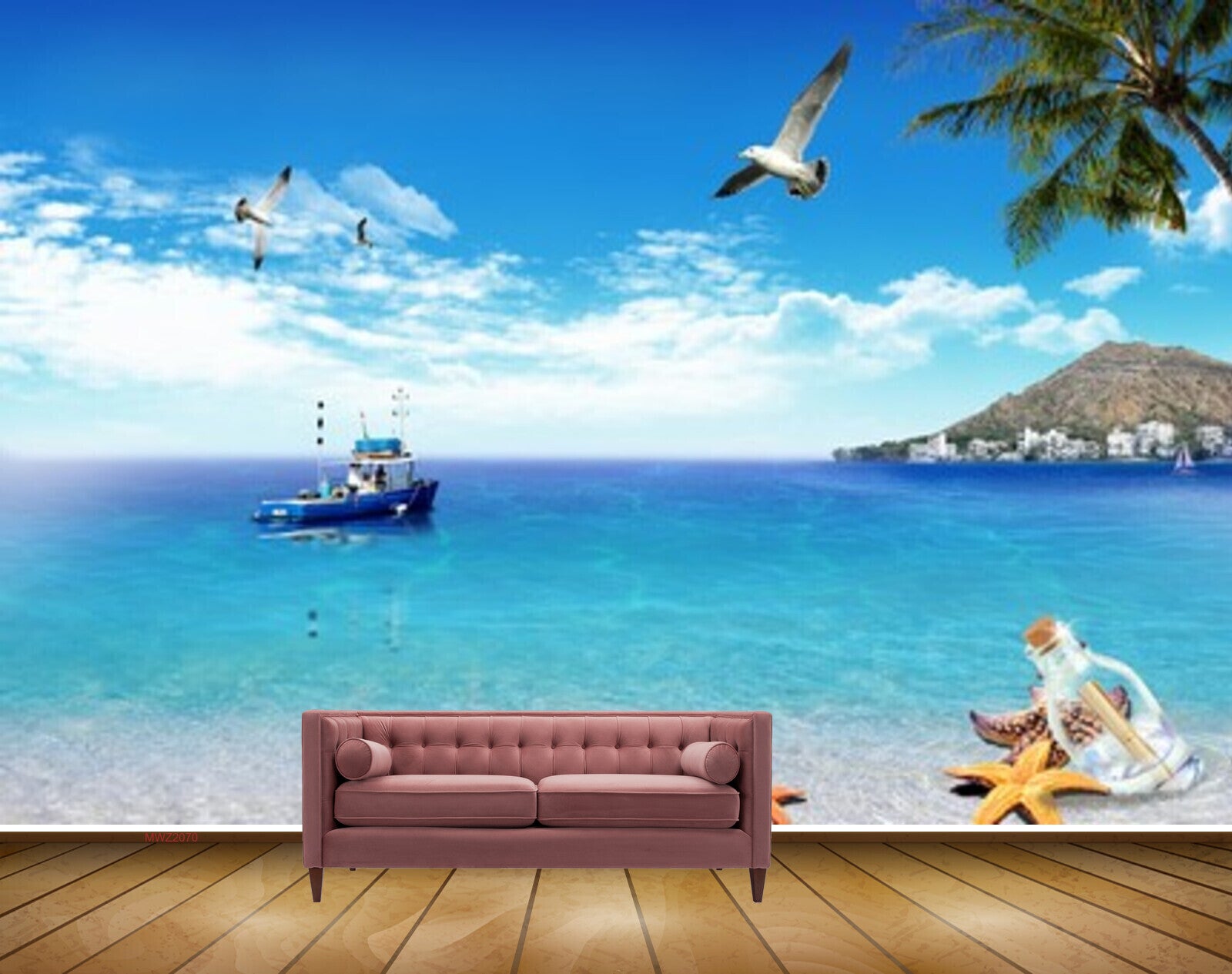 Avikalp MWZ2070 Sea Boat Birds Mountain Starfish Clouds Ocean Water Marine HD Wallpaper