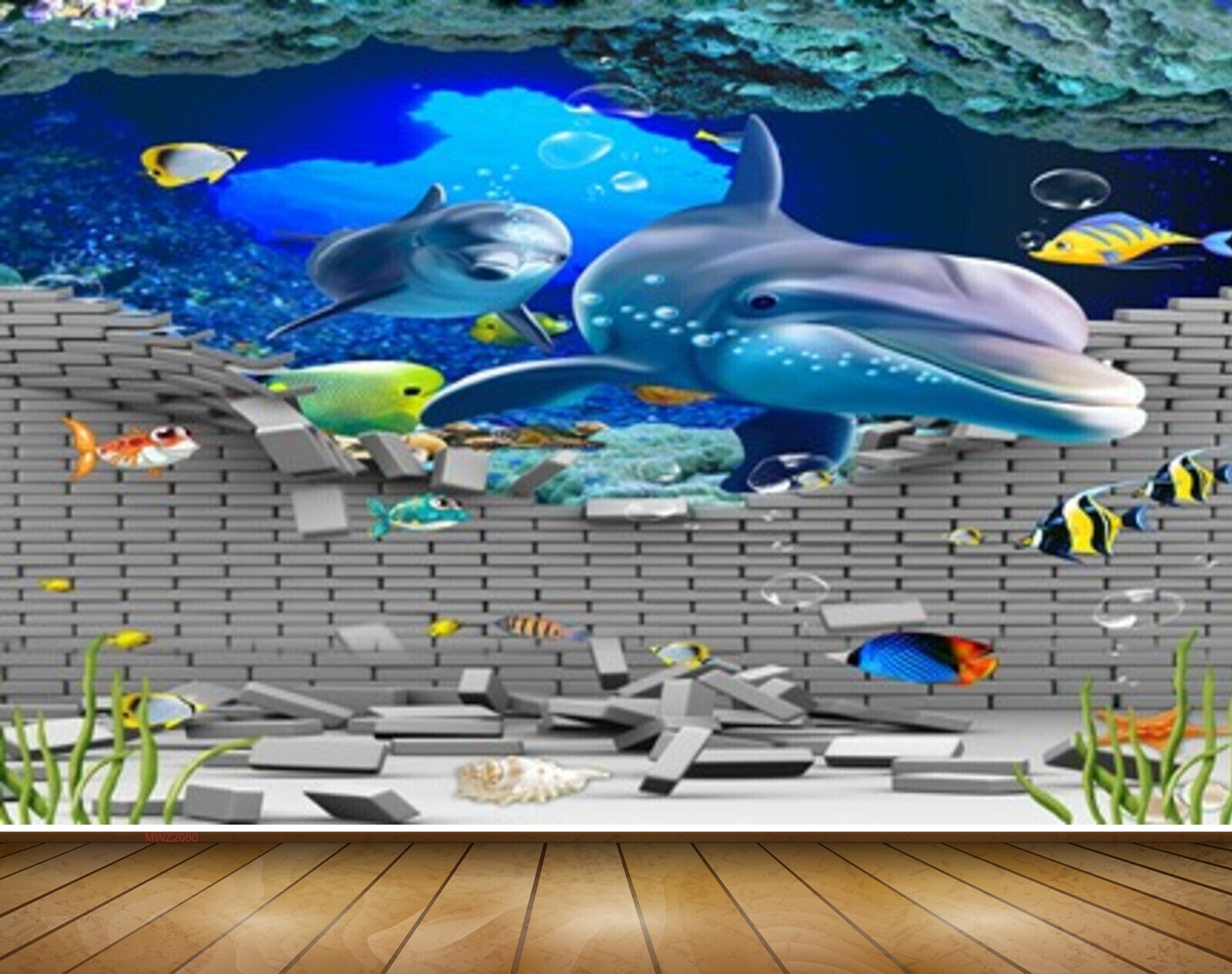 Avikalp MWZ2080 Dolphons Fishes Broken Wall Underwater Ocean HD Wallpaper