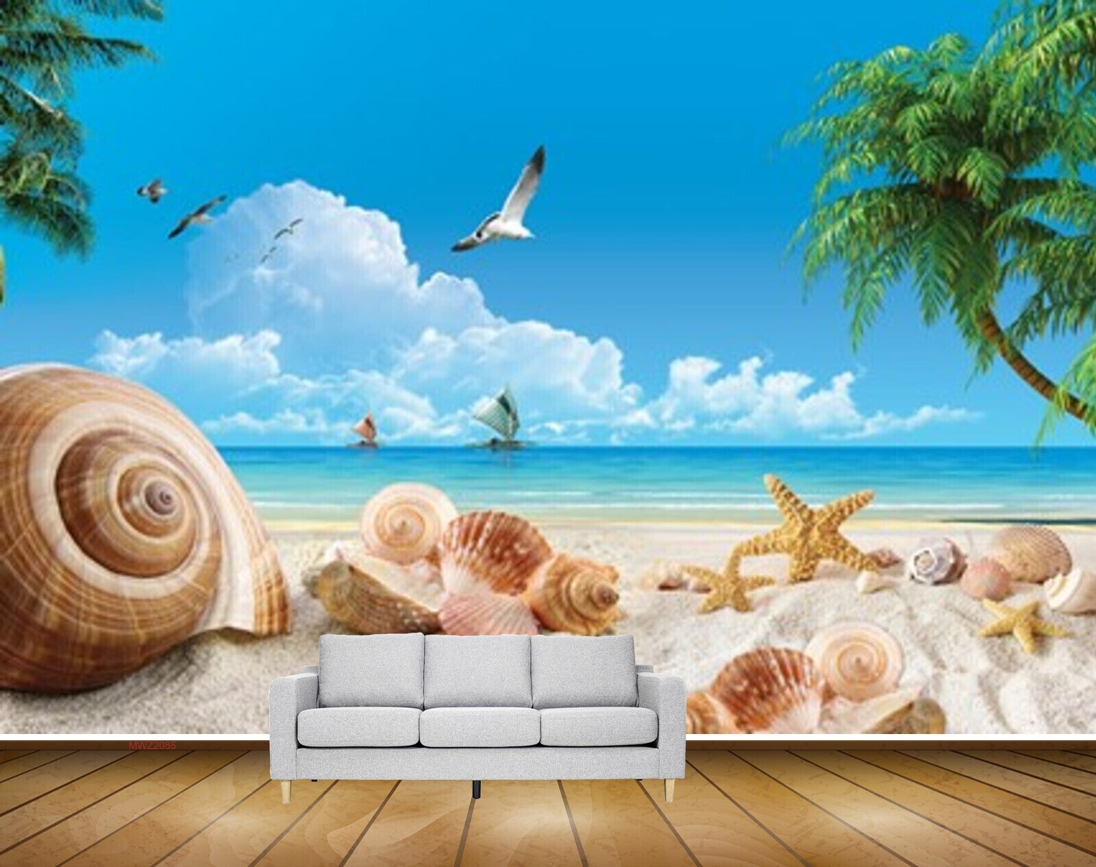 Avikalp MWZ2085 Seashells Seabirds Starfish Trees Seabirds Clouds Beach HD Wallpaper