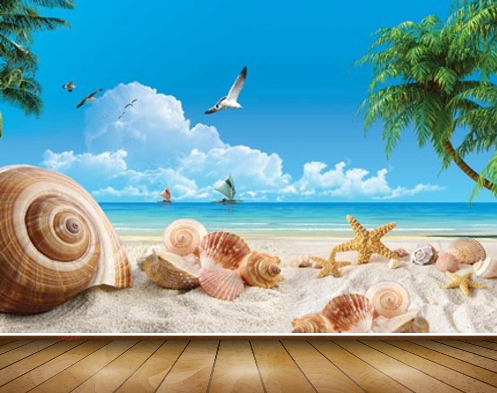 Avikalp MWZ2085 Seashells Seabirds Starfish Trees Seabirds Clouds Beach HD Wallpaper