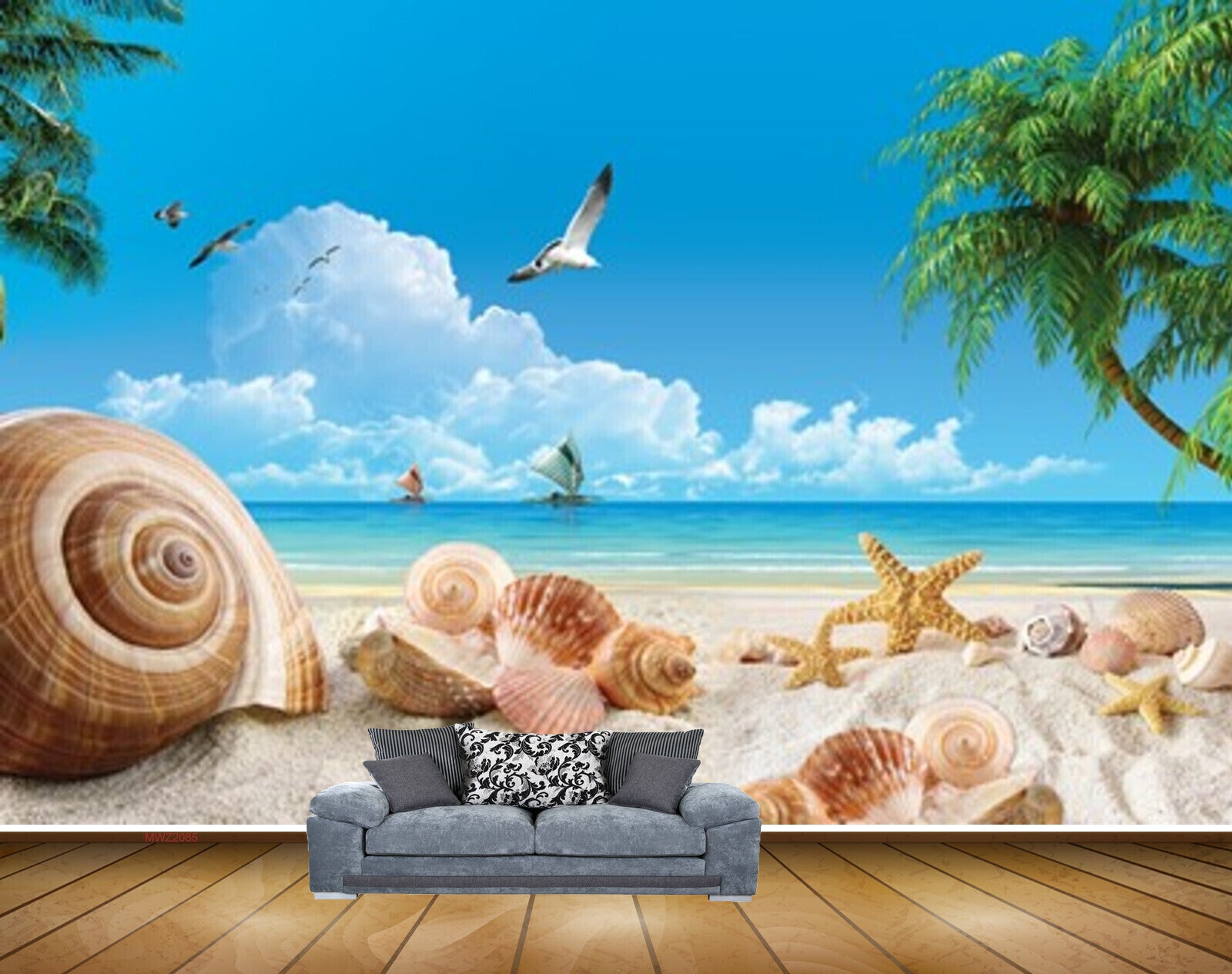 Avikalp MWZ2085 Seashells Seabirds Starfish Trees Seabirds Clouds Beach HD Wallpaper