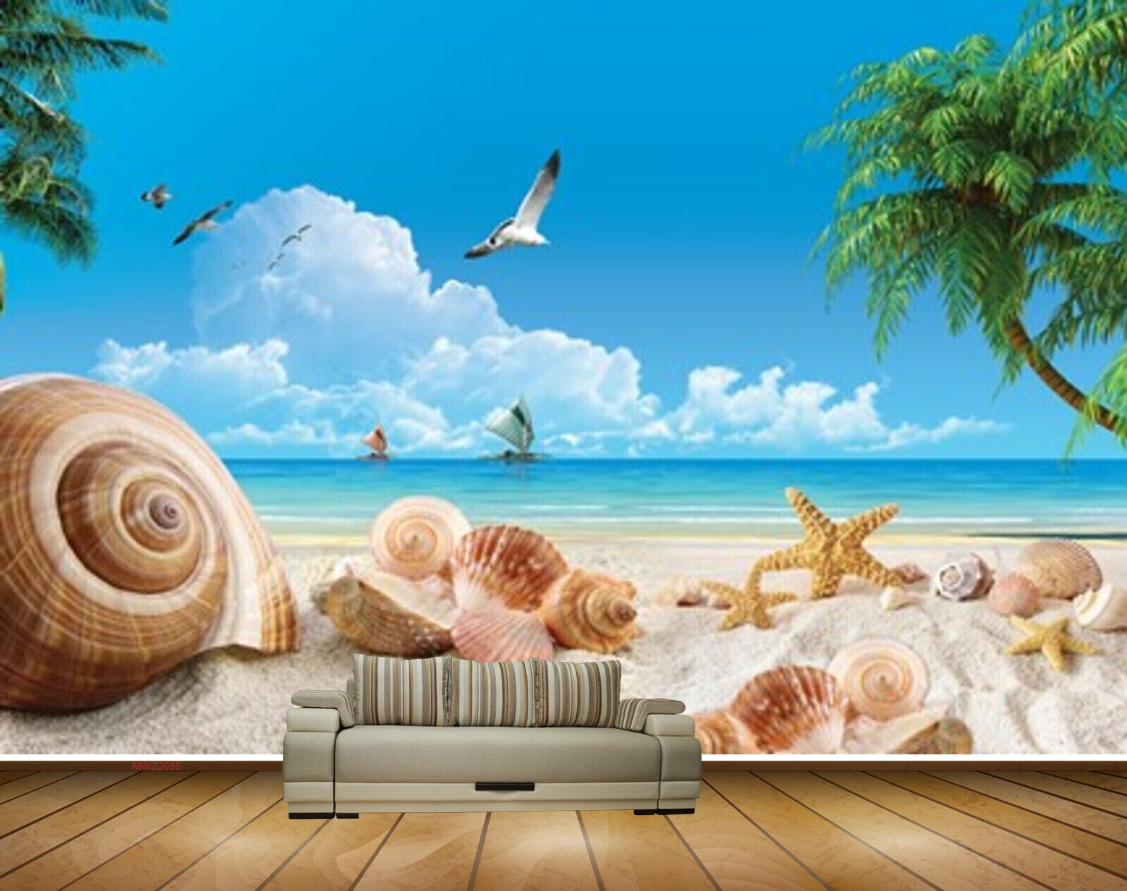 Avikalp MWZ2085 Seashells Seabirds Starfish Trees Seabirds Clouds Beach HD Wallpaper