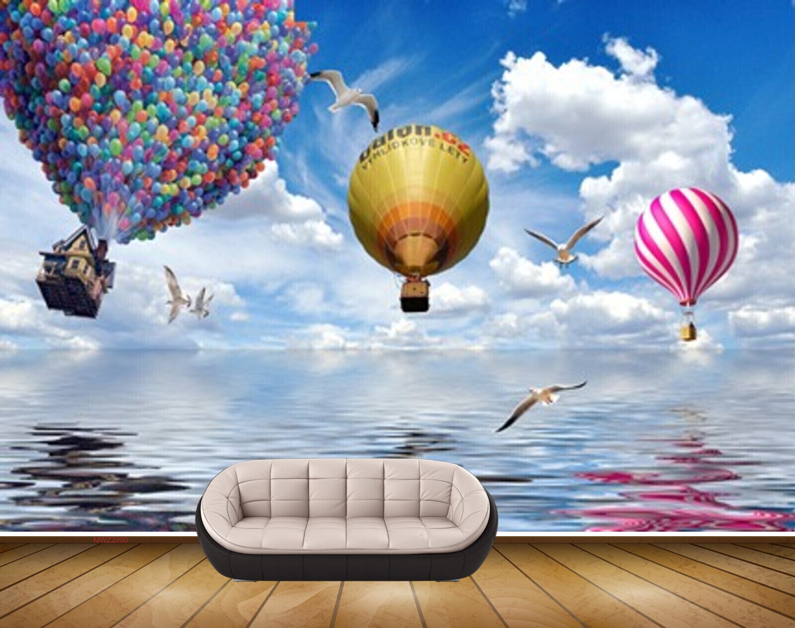 Avikalp MWZ2090 Sea Birds Parachutes Clouds Air Baloon Blue Sky HD Wallpaper