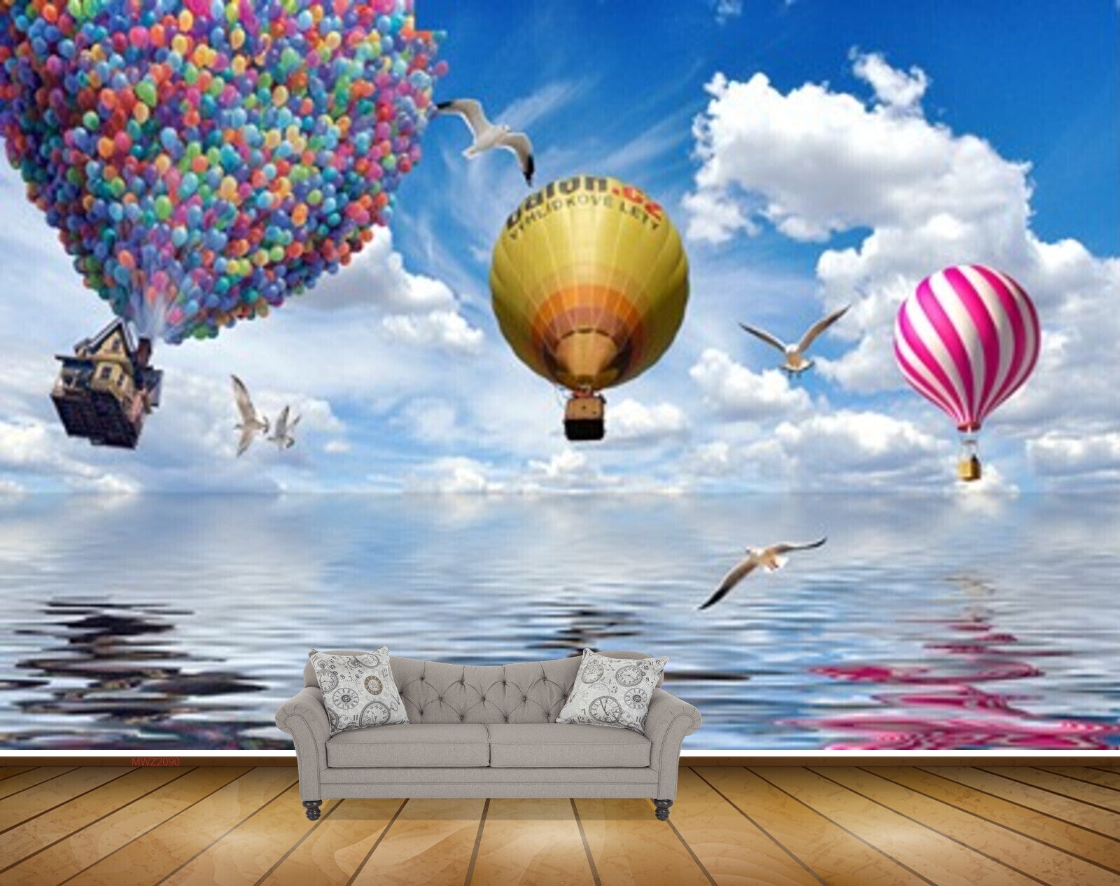 Avikalp MWZ2090 Sea Birds Parachutes Clouds Air Baloon Blue Sky HD Wallpaper