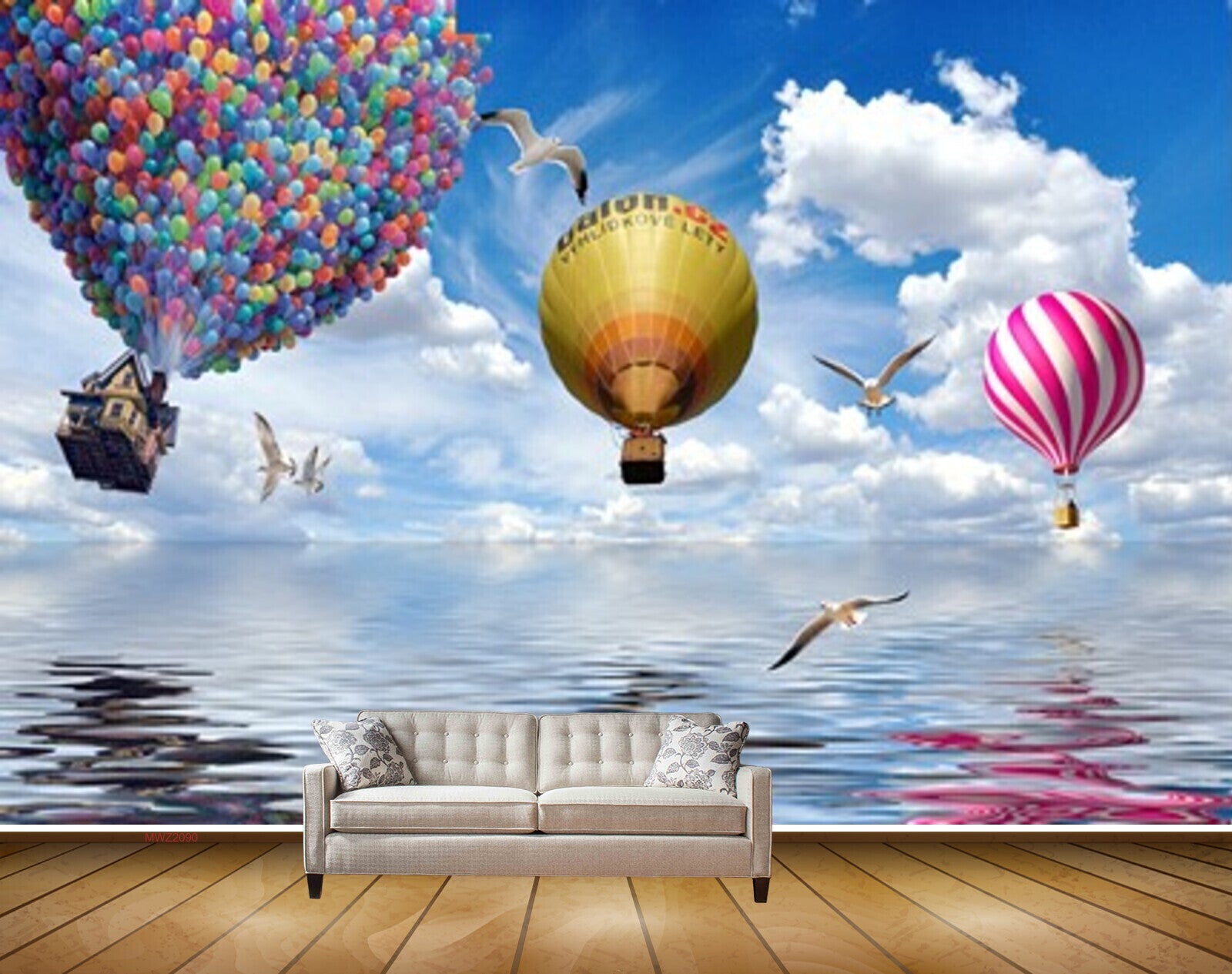 Avikalp MWZ2090 Sea Birds Parachutes Clouds Air Baloon Blue Sky HD Wallpaper