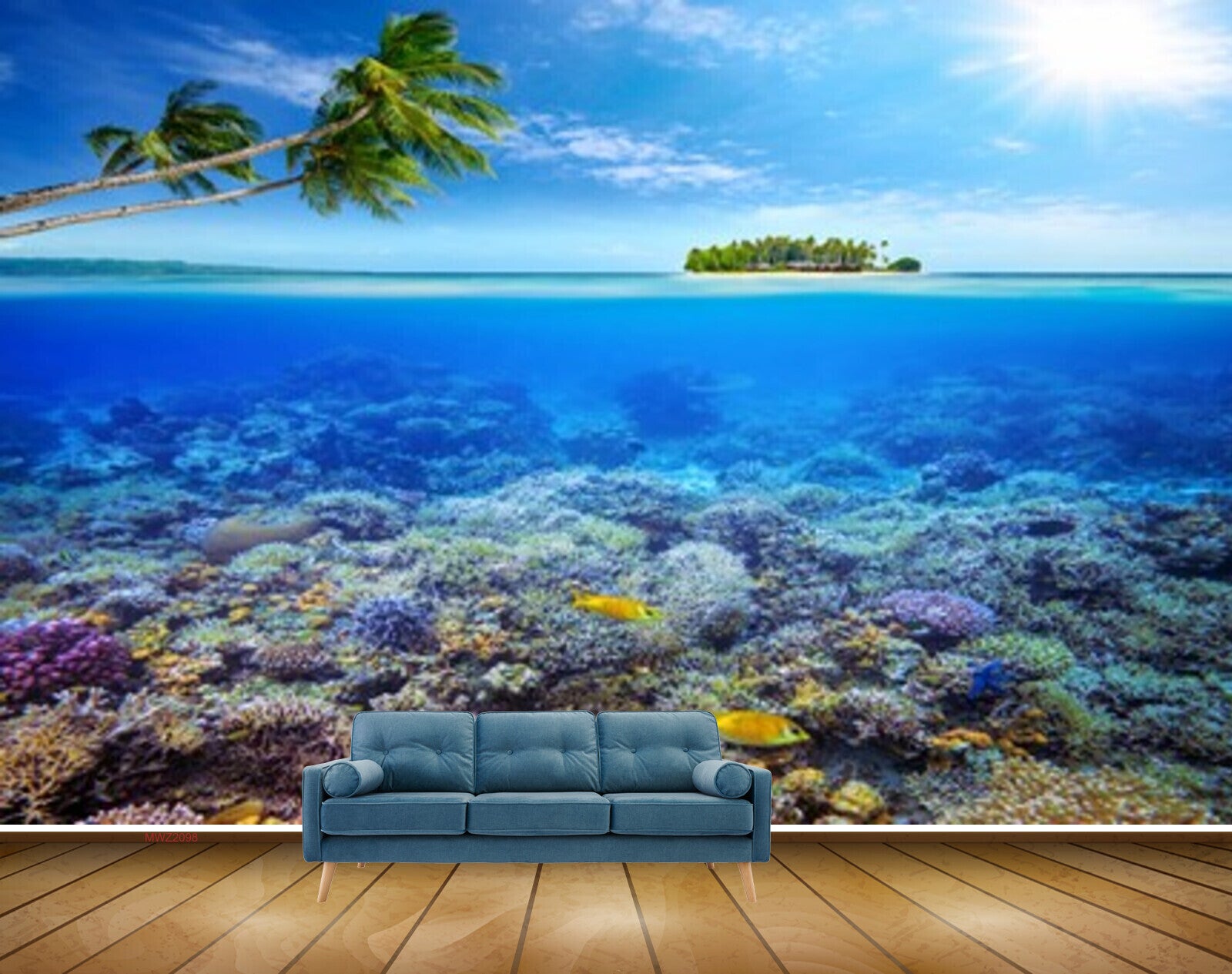 Avikalp MWZ2098 Sea Trees Fishes Sun Anemones Island Coconut Trees HD Wallpaper