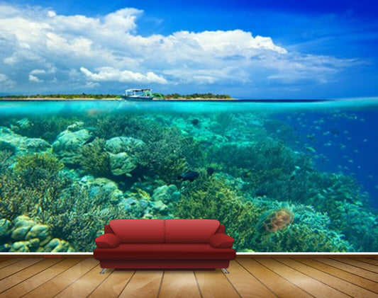 Avikalp MWZ2100 Sea Trees Fishes Boat Clouds Island Underwater Ocean HD Wallpaper