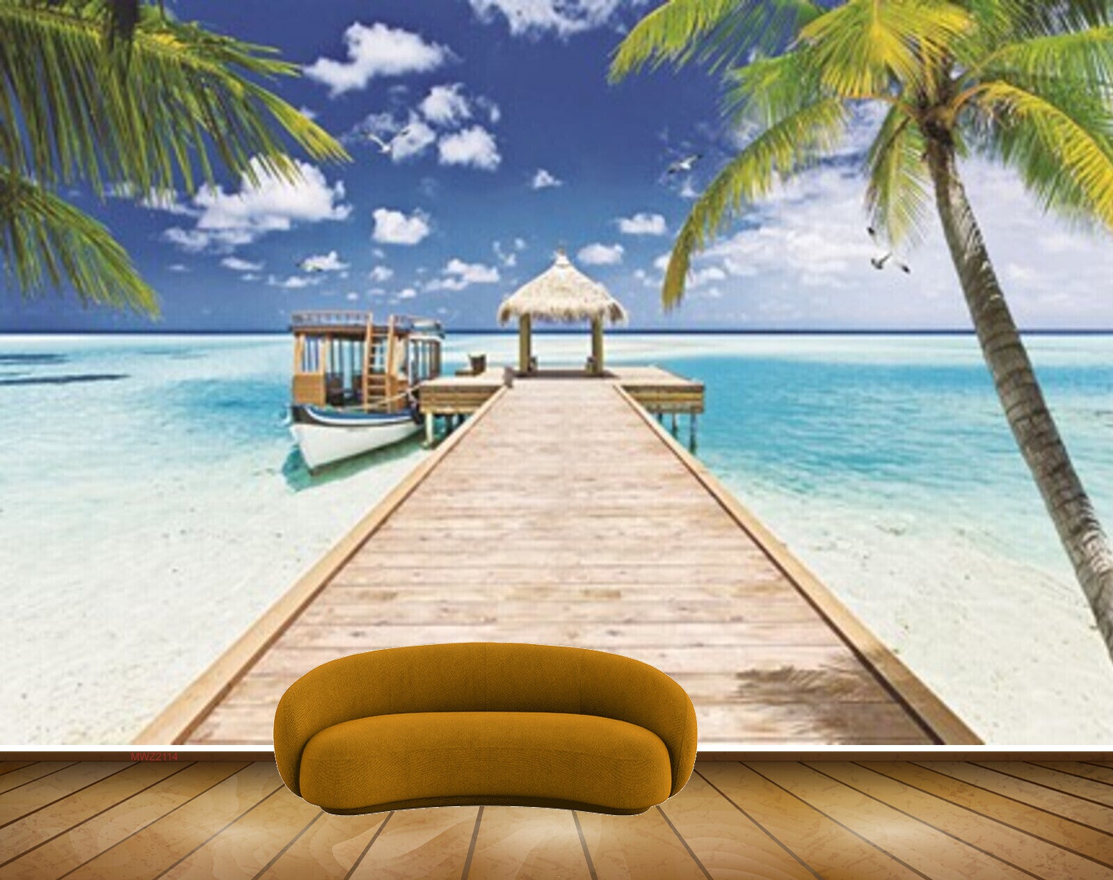 Avikalp MWZ2114 Sea Trees Wooden Bridge Hut Birds Coconut Trees Beach HD Wallpaper