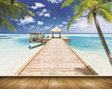 Avikalp MWZ2114 Sea Trees Wooden Bridge Hut Birds Coconut Trees Beach HD Wallpaper