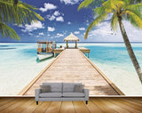 Avikalp MWZ2114 Sea Trees Wooden Bridge Hut Birds Coconut Trees Beach HD Wallpaper