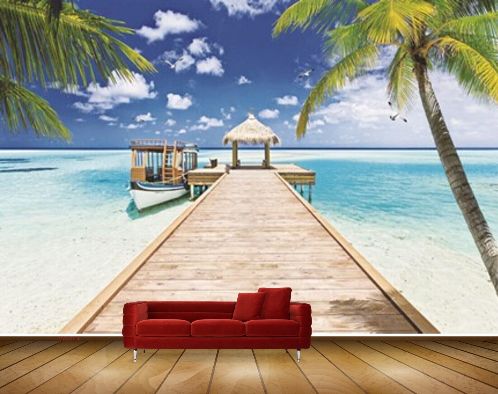 Avikalp MWZ2114 Sea Trees Wooden Bridge Hut Birds Coconut Trees Beach HD Wallpaper