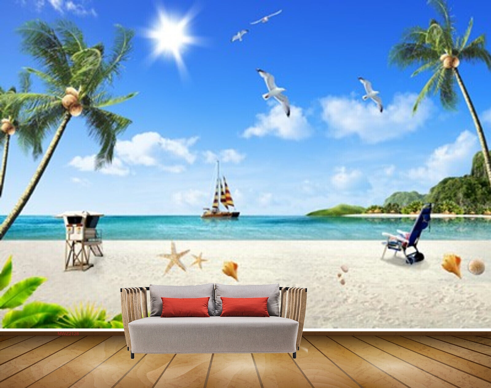 Avikalp MWZ2128 Beach Coconut Trees Boat Birds Starfish Chair Shells Sun Nature Water Ocean HD Wallpaper