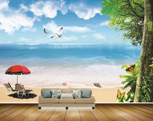 Avikalp MWZ2130 Beach Birds Butterflies Clouds Chair Starfishes Water Ocean HD Wallpaper