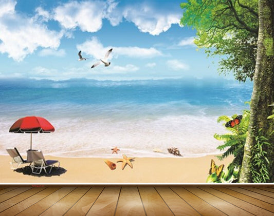 Avikalp MWZ2130 Beach Birds Butterflies Clouds Chair Starfishes Water Ocean HD Wallpaper