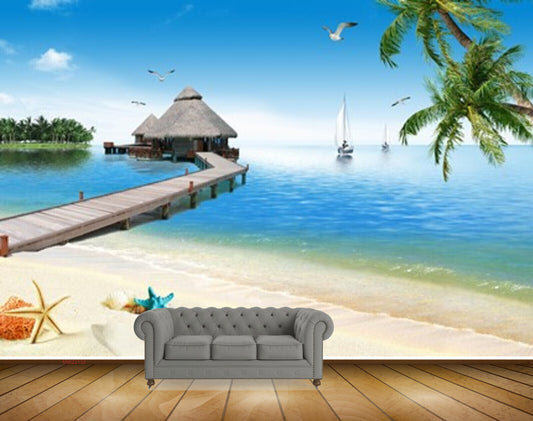 Avikalp MWZ2132 Beach Starfishes Wooden Bridge Birds Trees Resort Water HD Wallpaper