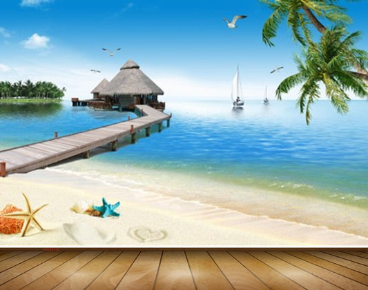 Avikalp MWZ2132 Beach Starfishes Wooden Bridge Birds Trees Resort Water HD Wallpaper