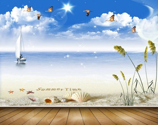 Avikalp MWZ2133 Sea Birds Starfishes Shells Plants Sun Beach Boat Water  HD Wallpaper