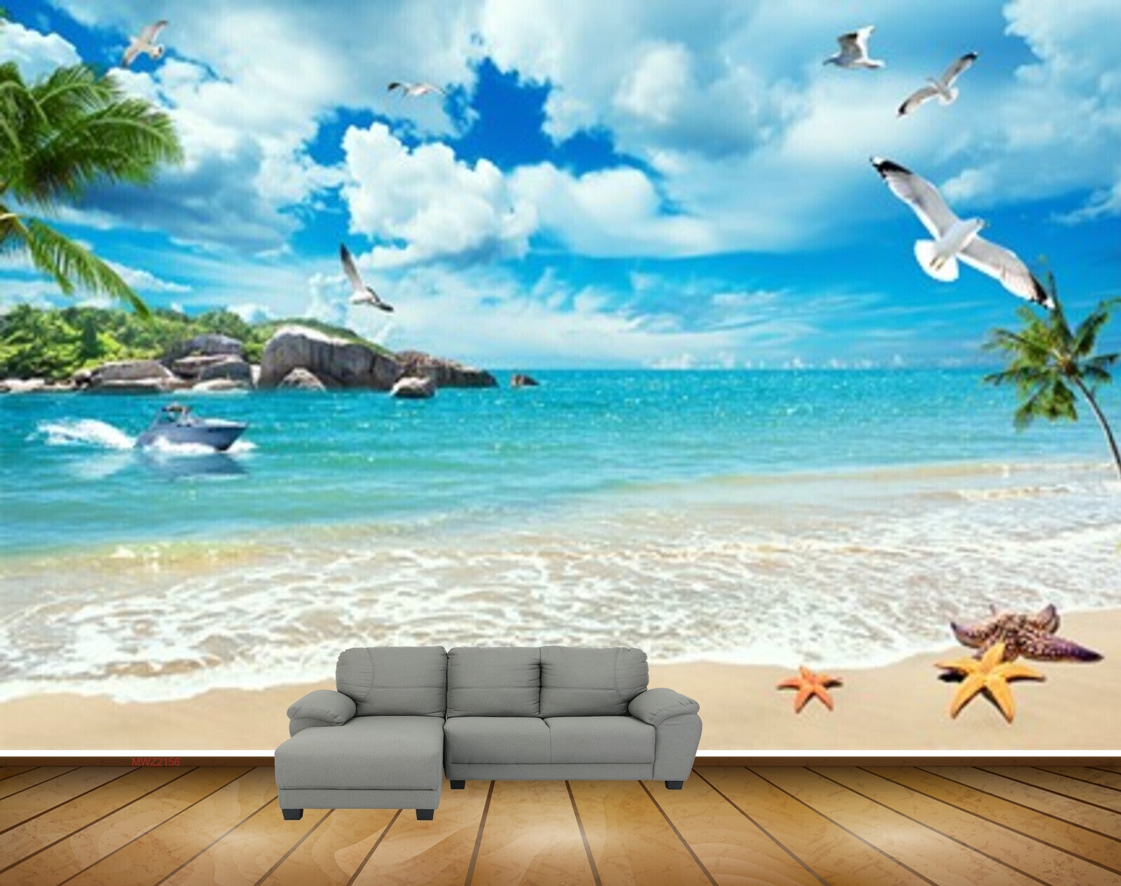 Avikalp MWZ2156 Beach Mountains Clouds Birds Trees Starfishes Sea Sand Water Ocean HD Wallpaper