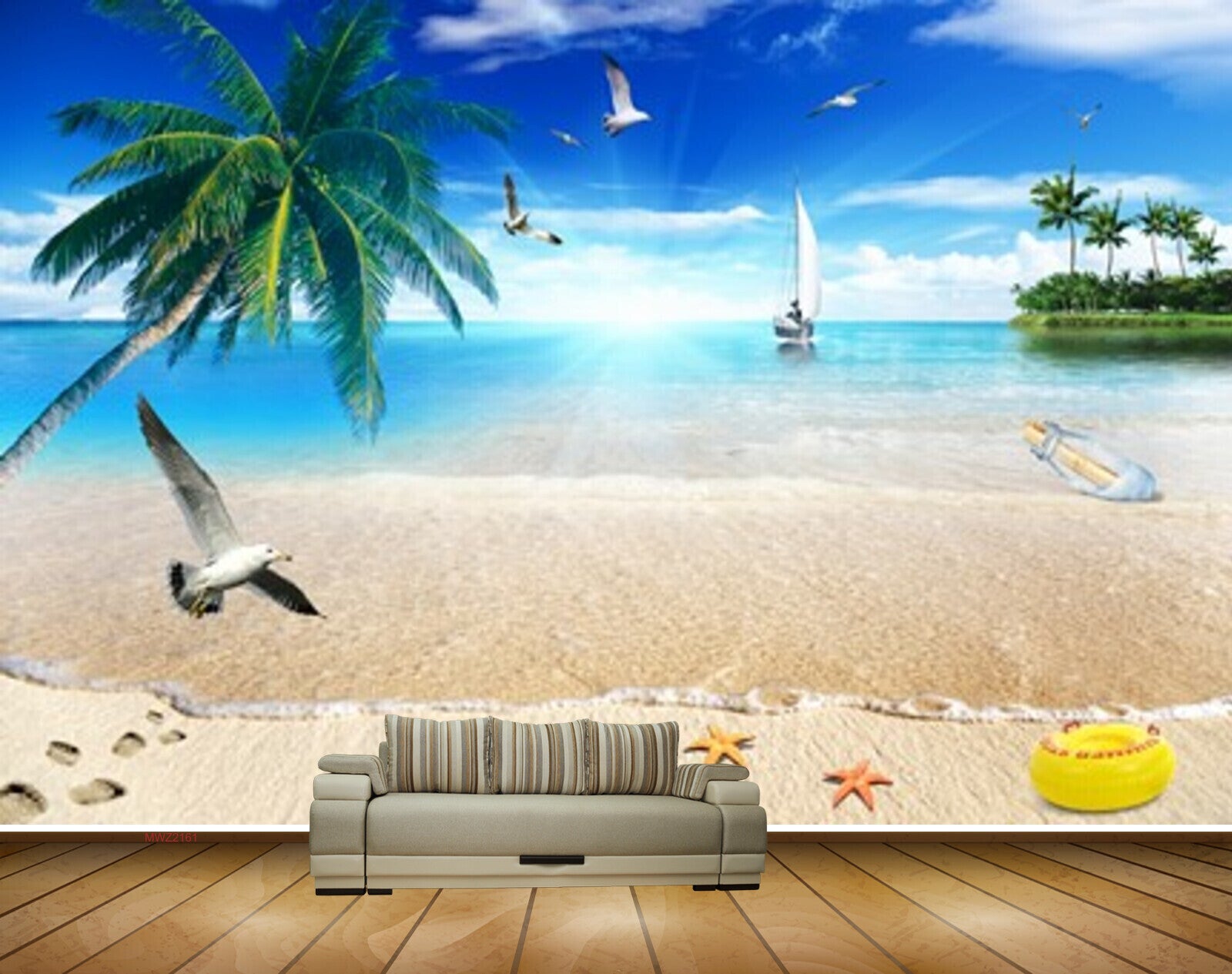 Avikalp MWZ2161 Sea Trees Birds Starfishes Bottle Boat Sun Light Beach Sand Water Ocean HD Wallpaper