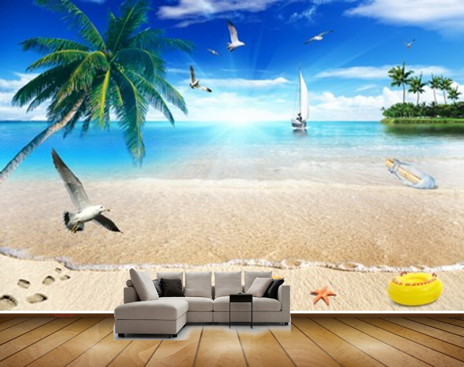 Avikalp MWZ2161 Sea Trees Birds Starfishes Bottle Boat Sun Light Beach Sand Water Ocean HD Wallpaper