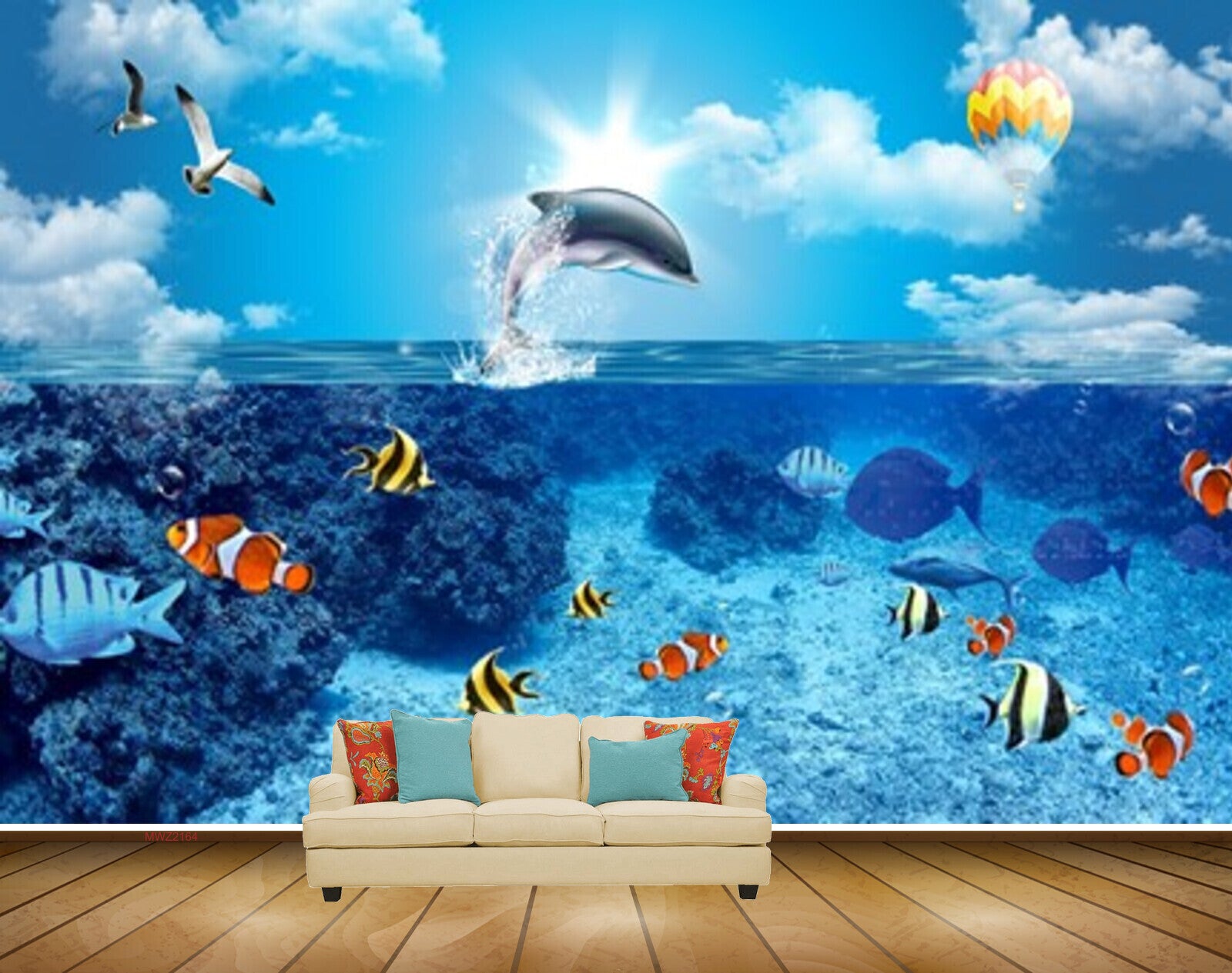 Avikalp MWZ2164 Sea Fishes Dolphins Air Balloon Birds Sun Water Ocean HD Wallpaper