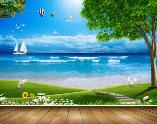 Avikalp MWZ2171 Sea Beach Birds Trees Air Ballon Flowers Grass Boat Water Ocean Island HD Wallpaper