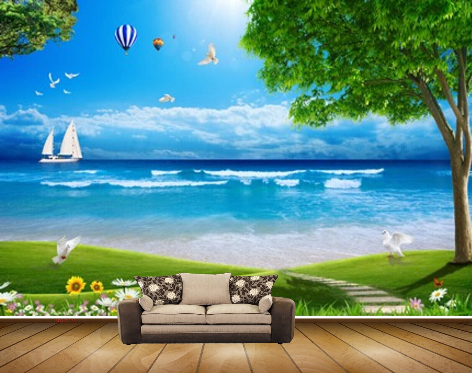 Avikalp MWZ2171 Sea Beach Birds Trees Air Ballon Flowers Grass Boat Water Ocean Island HD Wallpaper