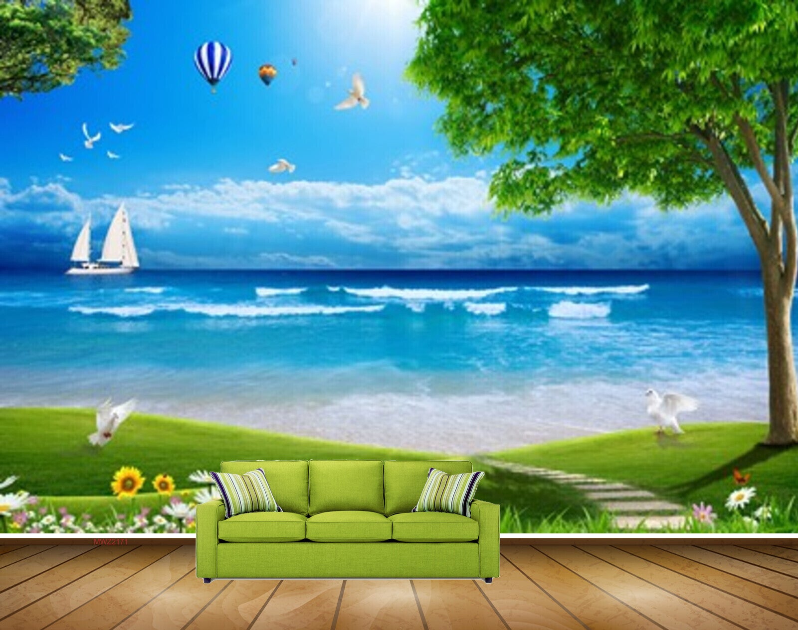 Avikalp MWZ2171 Sea Beach Birds Trees Air Ballon Flowers Grass Boat Water Ocean Island HD Wallpaper