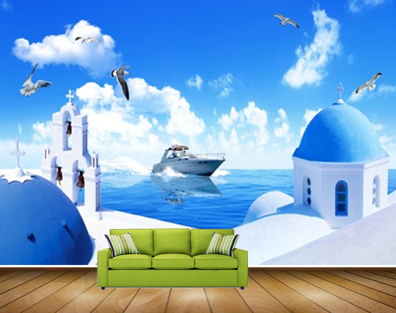 Avikalp MWZ2173 Blue Sea Clouds Birds Building Boat Water Ocean Greece Santorini HD Wallpaper