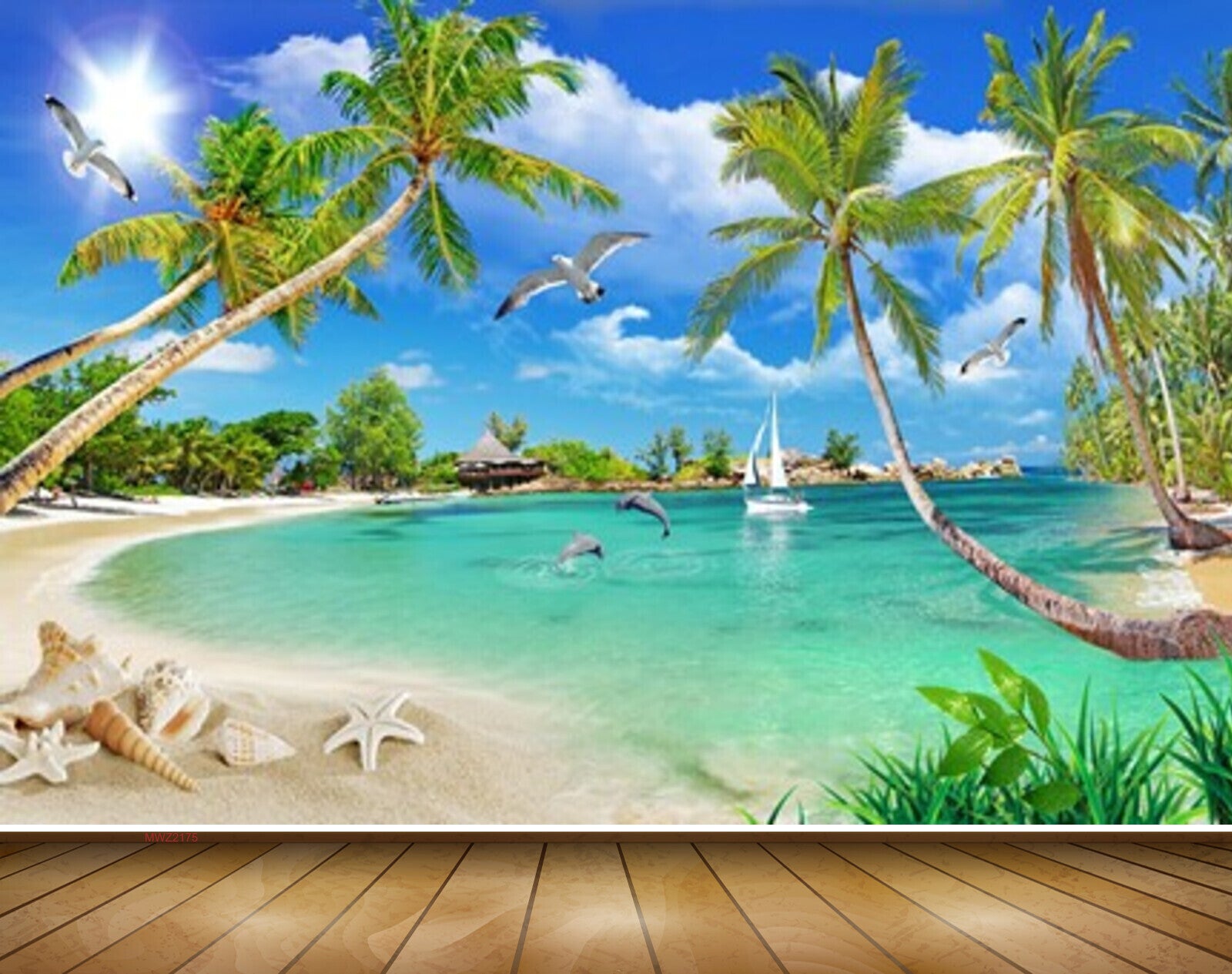 Avikalp MWZ2175 Trees Beach Starfishes Shells Dolphins Birds Boat Sun Hut Sand Water Ocean Island HD Wallpaper