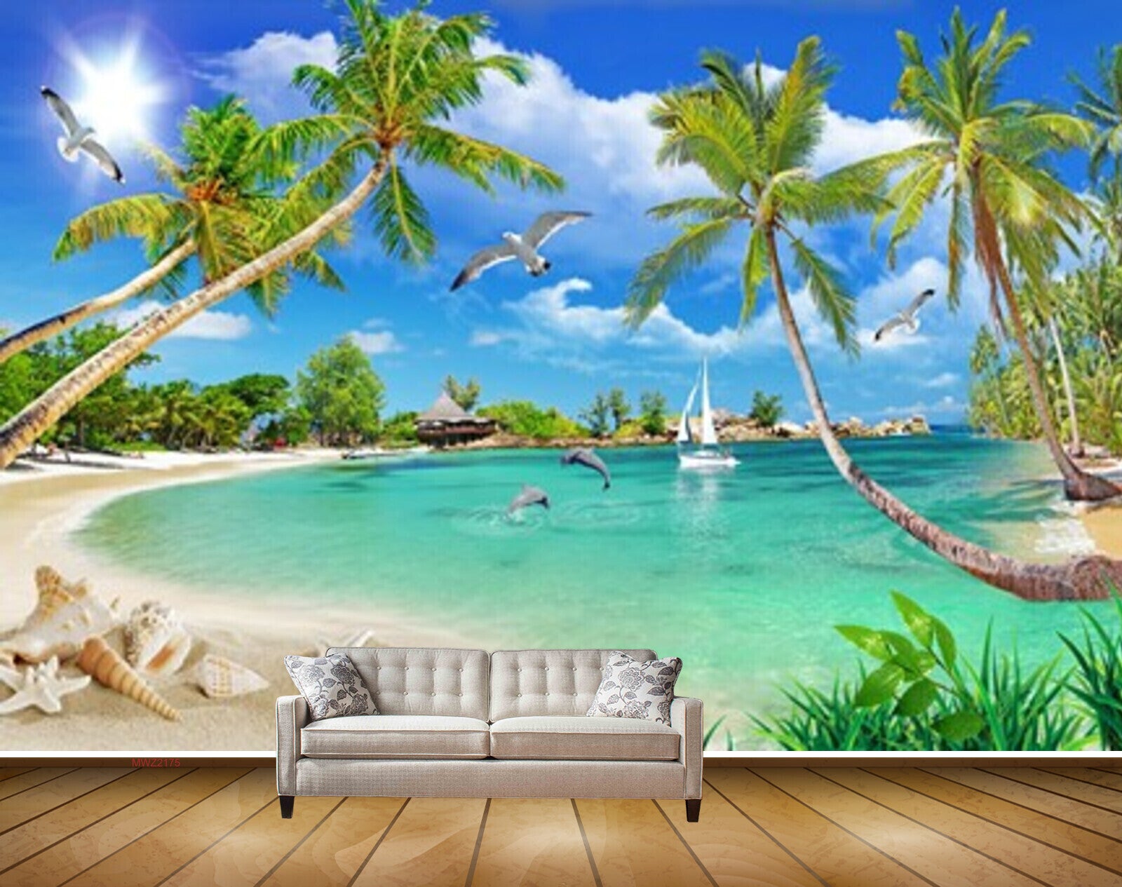 Avikalp MWZ2175 Trees Beach Starfishes Shells Dolphins Birds Boat Sun Hut Sand Water Ocean Island HD Wallpaper