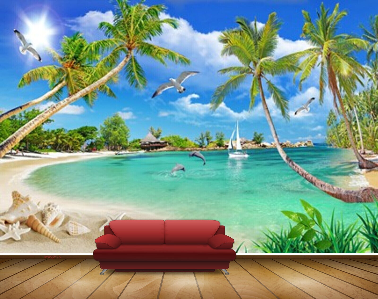 Avikalp MWZ2175 Trees Beach Starfishes Shells Dolphins Birds Boat Sun Hut Sand Water Ocean Island HD Wallpaper