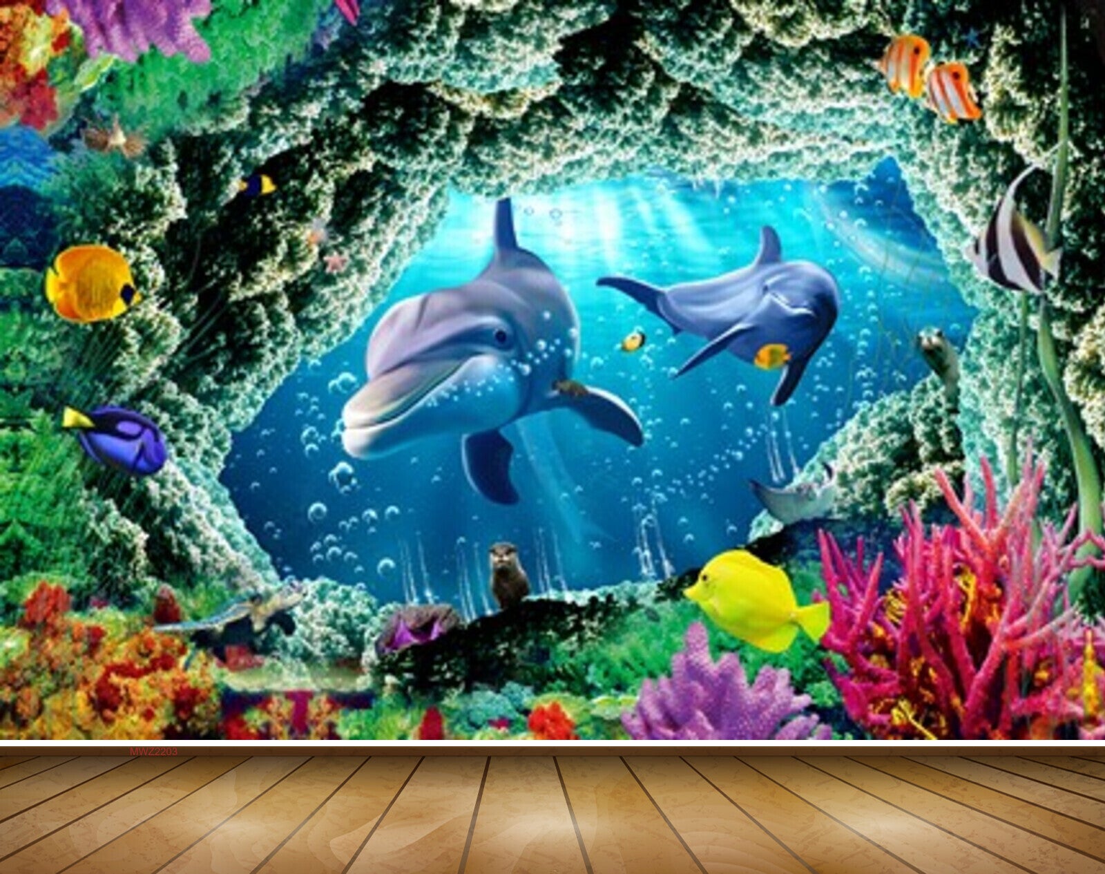 Avikalp MWZ2203 Sea Dolphins Fishes Anemones Bubbles Underwater Water Ocean HD Wallpaper