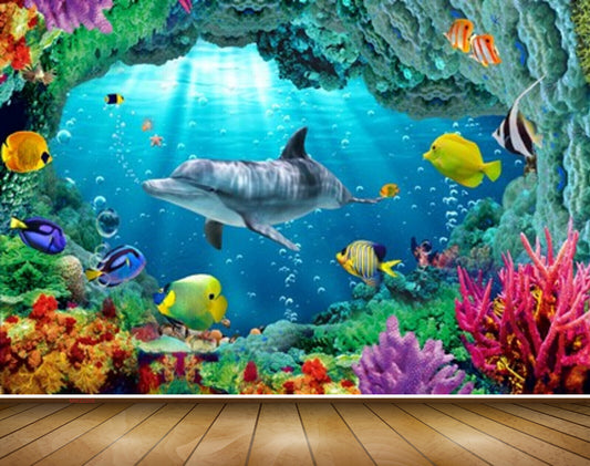 Avikalp MWZ2205 Blue Sea Dolphins Fishes Anemones Underwater Water Ocean HD Wallpaper