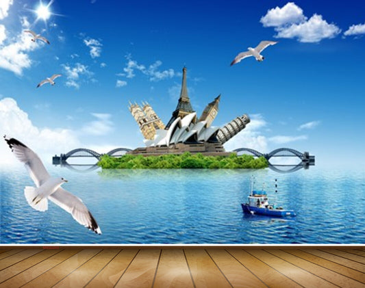 Avikalp MWZ2243 Sea Birds Boat Clouds Mountains Water Ocean Island HD Wallpaper