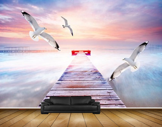 Avikalp MWZ2251 Sea Birds Wooden Bridge Fantasy HD Wallpaper