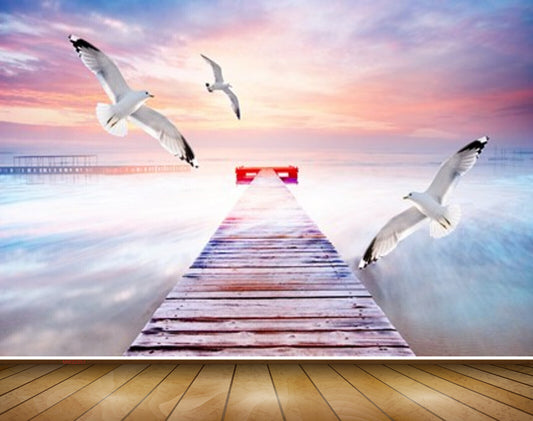 Avikalp MWZ2251 Sea Birds Wooden Bridge Fantasy HD Wallpaper