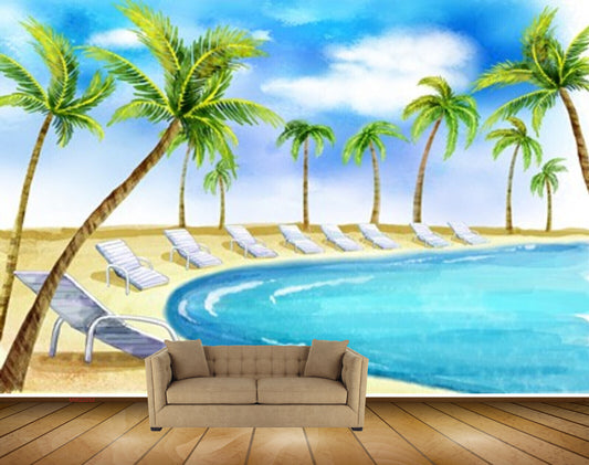 Avikalp MWZ2252 Beach Chairs Coconut Trees Sea Clouds Sand Water Ocean Island HD Wallpaper