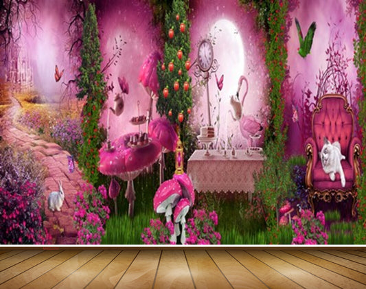 Avikalp MWZ2260 Pink Flowers Rabbit Cat Trees Butterflies Parrot Background HD Wallpaper