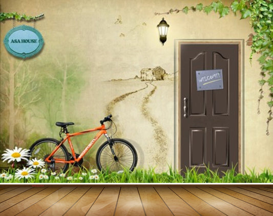 Avikalp MWZ2264 Cycle Door Creepers Flowers Grass Wall Light Nameplates Background HD Wallpaper