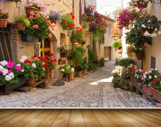 Avikalp MWZ2272 Flowers Plants Pots Houses Road Alley Background HD Wallpaper